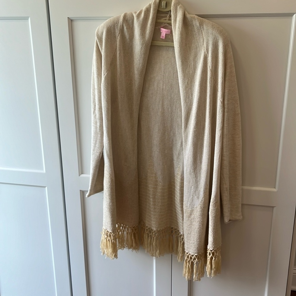Lilly Pulitzer, Ivory with gold flecks. Fringe Detail. Cardigan. women XL.
